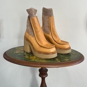 AUTHENTIC Chloé Tan Leather & Knit Platform Sock Boots - Size 38